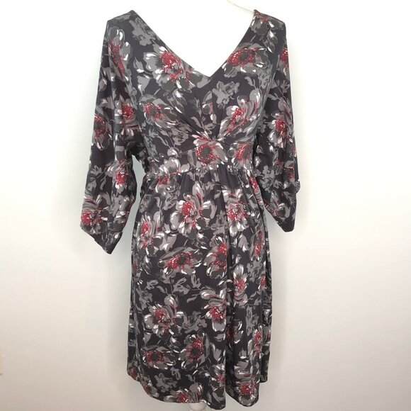 Garnet Hill Gray Red Floral Dress V Neck Small S - Picture 1 of 13